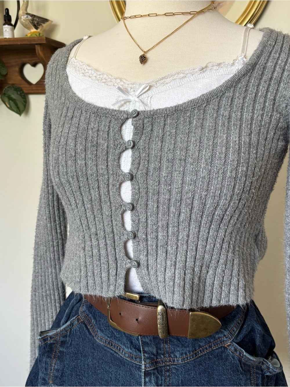 American Eagle Outfitters Gray Cropped Rib-Knit Button Cardigan
